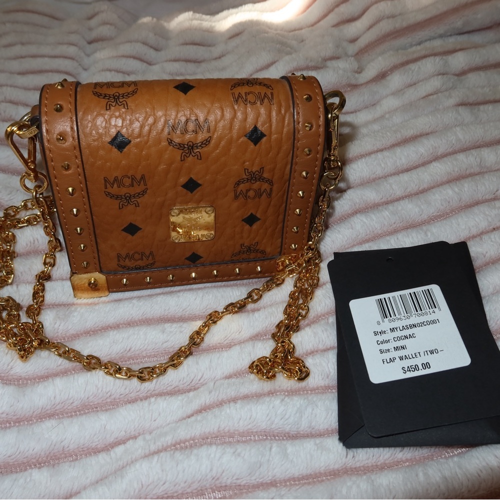 MCM Brown Crossbody Bag with Monogram and Gold Chain